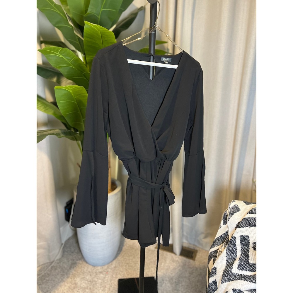 Lily Rose Black Long Bell Sleeve Surplice V-Neck Romper with Tie Waist Large